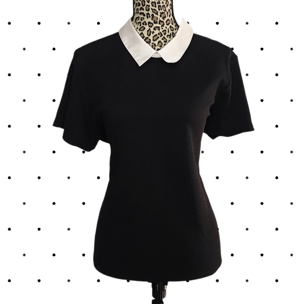 Karl Lagerfeld Black Short Sleeve Top with White Peter Pan Collar